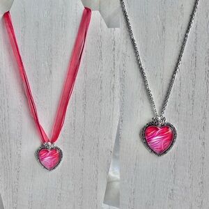 Heart Pendant Necklace Pink and Silver Accents, Valentines, Love Floral Necklace